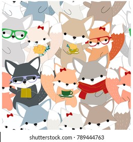 Vintage seamless celebrated cute foxy fox wolf,blue grey paste cartoon background,animal pattern vector by hand draw doodle comic art illustration