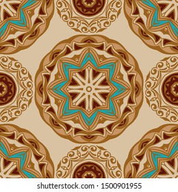 Vintage seamless ceramic tile damask design pattern background. Gold flower mandala design surface.