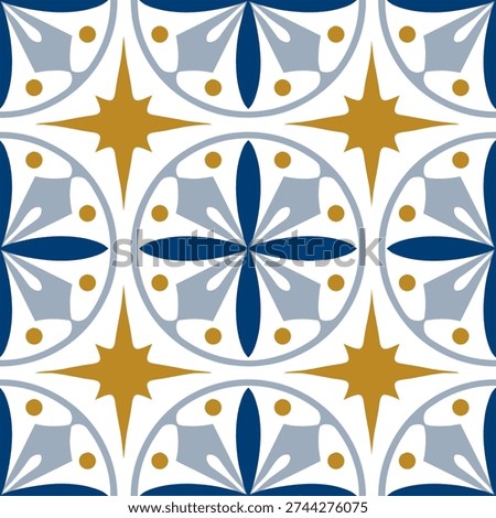 Vintage seamless ceramic tile pattern inspired by Mediterranean and Middle Eastern motifs, featuring blue, gold, and white geometric floral designs in Moroccan style.