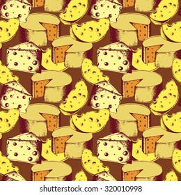 Vintage seamless cheese pattern. Hand drawn vector illustration in sketch style