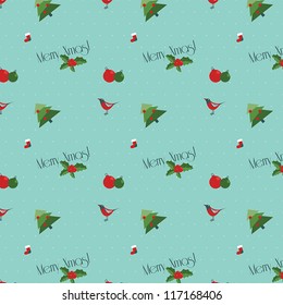 Vintage seamless christmas background pattern. Trees, birds, balls, socks and Merry Xmas text on blue dotted background.