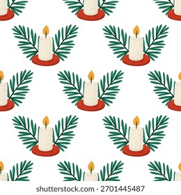Vintage Seamless Christmas Pattern With Festive Candle And Green Pine Branches On White Background
