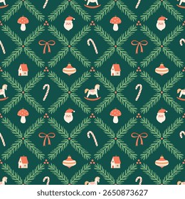 Vintage seamless Christmas pattern with Santa, ornaments, rocking horse, candy canes and fir branches on green background. Perfect for nostalgic holiday wrapping paper, textiles, greeting cards