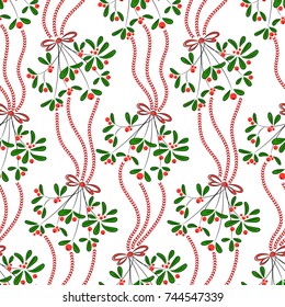 Vintage seamless christmas pattern vector for wrapping paper. Season background with mistletoe and garland. Holiday winter new year present print for gift boxes, greeting card, party invite and tags.