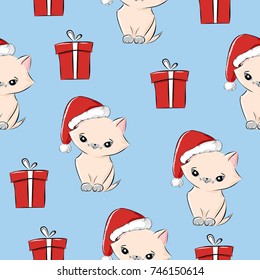 Vintage seamless christmas pattern vector for wrapping paper. Cute baby kitten in santa hat and gift boxes on light blue background. Holiday winter new year present print for kids and friends.