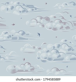 Vintage Seamless Clouds Pattern. Vector illustration in retro woodcut style with clipping mask.