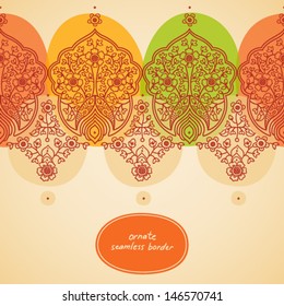 Vintage seamless colorful border with lacy ornament. Autumn concept background. It can be used for decorating of invitations, greeting cards, decoration for bags.