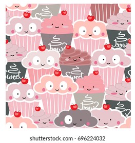 Vintage seamless comic cartoon cute sweet cherry berry cup cake pink pastel cartoon background pattern vector,hand draw doodle art illustration