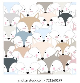 Vintage seamless comic cartoon cute lovely baby fox or wolf or Siberian husky puppy dog blue and grey pastel cartoon,for invitation background pattern vector,hand drawing doodle art illustration