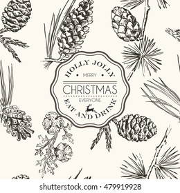 vintage seamless with conifer cones of pine, spruce, cedar, cypress, fir, larch. Christmas background, seamless tiling, great choice for wrapping paper pattern, label, emblem