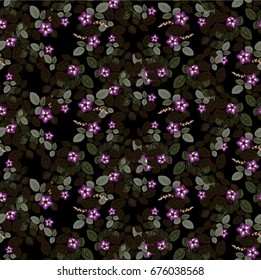 Vintage seamless country pattern. Small purple flowers with leaves on a black background Background for textile, manufacturing, book covers, wallpapers, print or gift wrap. Vector.