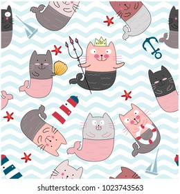 Vintage seamless cute comic cat mermaid and sea beach items pink pastel cartoon background pattern vector,doodle art illustrator