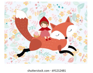 Vintage seamless cute fox wolf and red hood girl with fox or wolf pastel cartoon with romantic flower and leaf background pattern card or wall paper vector, illustrator doodle comic style