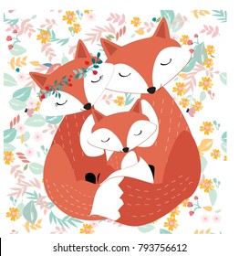 Vintage seamless cute fox wolf mother father and baby family,pastel cartoon with romantic flower and leaf background,sweet pattern vector for valentine or birthday card invitation