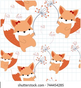 Vintage seamless cute foxy or baby fox wolf on blue grey pastel in the wind with dandelion flower cartoon,notebook line background pattern,vector hand draw doodle comic art illustration