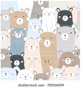 Vintage seamless cute lovely blue grey pastel baby teddy bear cartoon background pattern vector hand draw doodle comic art illustration