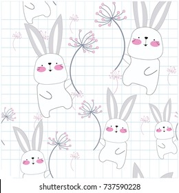 Vintage seamless cute rabbit bunny blue grey pastel in the sky with dandelion flower cartoon,pattern vector hand draw doodle comic art illustration for card on notebook paper background