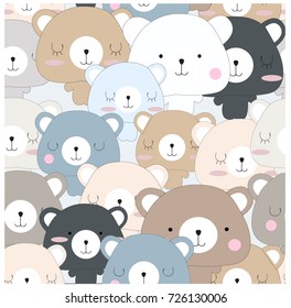 Vintage Seamless Cute Teddy Bear Blue Grey Pastel Baby Kid Cartoon Pattern Vector Hand Draw Doodle Comic Art Illustration,for Invitation Card Background Or Printed On Textile Or Wrap Paper