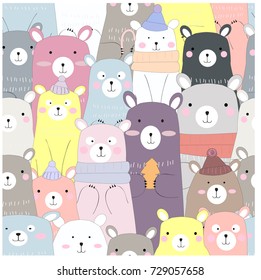 Vintage seamless cute winter bear blue grey pastel baby teddy cartoon pattern vector hand draw doodle comic art illustration,for invitation happy new year or merry Christmas card background