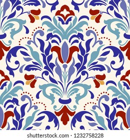 Vintage seamless damask pattern. Colorful Tile in turkish style. Hand drawn floral background. Wallpaper in Victorian style. Islam, Arabic, Indian, Ottoman motif. Vector illustration