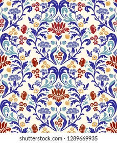 Vintage seamless damask pattern. Colorful Tile in turkish style. Hand drawn floral background. Wallpaper in Victorian style. Islam, Arabic, Indian, Ottoman motif. Vector illustration
