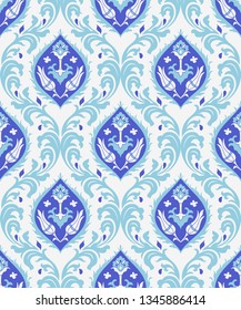 Vintage seamless damask pattern. Colorful Tile in turkish style. Hand drawn floral background. Wallpaper in Victorian style. Islam, Arabic, Indian, Ottoman motif. Vector illustration