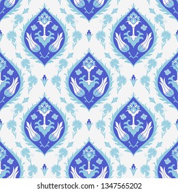 Vintage seamless damask pattern. Colorful Tile in turkish style. Hand drawn floral background. Wallpaper in Victorian style. Islam, Arabic, Indian, Ottoman motif. Vector illustration