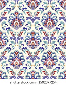 Vintage seamless damask pattern. Colorful Tile in turkish style. Hand drawn floral background. Wallpaper in Victorian style. Islam, Arabic, Indian, Ottoman motif. Vector illustration