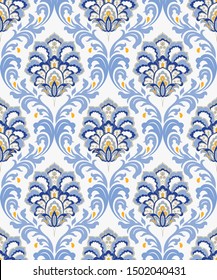 Vintage seamless damask pattern. Hand drawn floral background in turkish style. Wallpaper in Victorian style. Majolica pottery tile, blue, yellow azulejo. Original traditional Portuguese, Spain decor