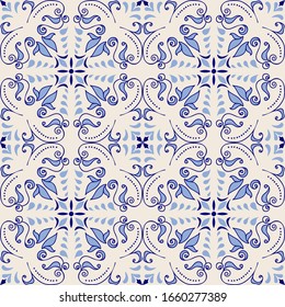 Vintage seamless damask pattern. Hand drawn floral background in turkish style. Wallpaper in Victorian style. Majolica pottery tile, blue, yellow azulejo. Original traditional Portuguese, Spain decor