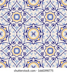 Vintage seamless damask pattern. Hand drawn floral background in turkish style. Wallpaper in Victorian style. Majolica pottery tile, blue, yellow azulejo. Original traditional Portuguese, Spain decor