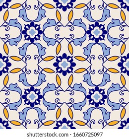 Vintage seamless damask pattern. Hand drawn floral background in turkish style. Wallpaper in Victorian style. Majolica pottery tile, blue, yellow azulejo. Original traditional Portuguese, Spain decor