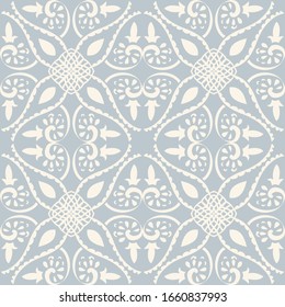 Vintage seamless damask pattern. Hand drawn floral background in turkish style. Wallpaper in Victorian style. Majolica pottery tile, blue azulejo. Original traditional Portuguese, Spain decor