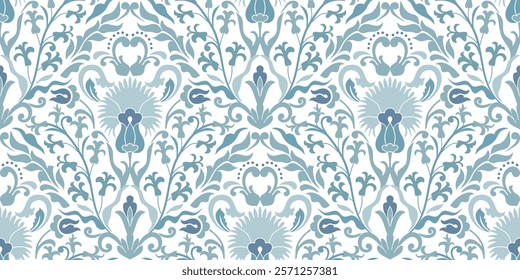 Vintage seamless damask pattern. Hand drawn floral background in turkish style. Wallpaper in Victorian style. Vector illustration