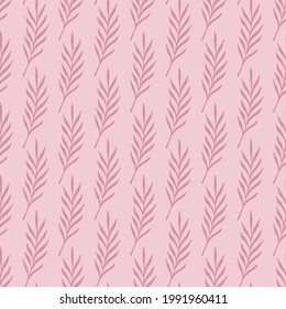 Vintage seamless doodle pattern with pink colored leaf twigs print. Scrapbook nature botany backdrop. Stock illustration. Vector design for textile, fabric, giftwrap, wallpapers.