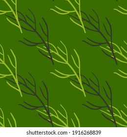 Patrón de doodle inmaculado de vintage con hojas de siluetas simples impresas. Fondo verde claro. Fondo decorativo para el diseño de tejidos, impresión textil, envoltura, cubierta. Ilustración vectorial.