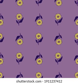 Vintage seamless doodle pattern with yellow sunflower shapes. Purple background. Spring floral print. Graphic design for wrapping paper and fabric textures. Vector Illustration.