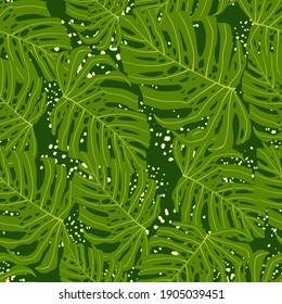 Patrón exótico inmaculado con huella verde aleatoria de monstera. Fondo con salpicaduras. Fondo decorativo para papel pintado, textil, papel envolvente, impresión de tela. Ilustración vectorial.
