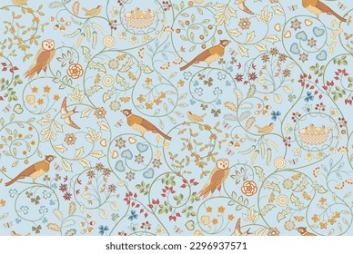 Vintage seamless fabric ornament with flowers and birds on light blue background. Middle ages William Morris style. Vector illustration.