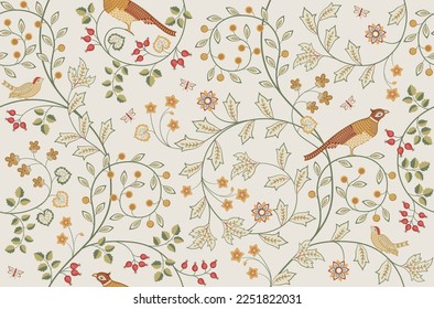 Vintage seamless fabric pattern with flowers and birds on light background. Middle ages William Morris style. Vector illustration.