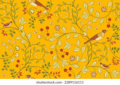 Vintage seamless fabric pattern with flowers and birds on orange background. Middle ages William Morris style. Vector illustration.