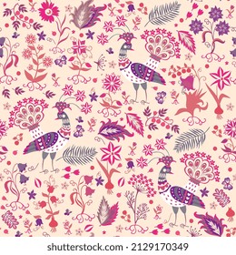 Vintage seamless fairytale print with peacocks, flowers, leaves, berries, butterflies in purple and crimson tones on a delicate peach background. Natural pattern for fabric, wallpaper in retro style. 