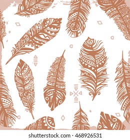 Vintage seamless feathers ethnic pattern, tribal design, tattoo,  for fabric print, drawing on t-shirts. Background with feathers and leaves.