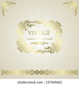 Vintage seamless floral background with frame and ribbon. Can be used as invitation