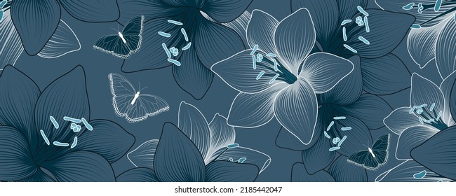 Vintage seamless floral background with  lilies flowers and butterflies. Romantic pattern template for wall decor, wallpaper, wedding invitations, ceremonies, cards.