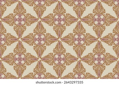 Vintage naadloze florale damast patroon met sierlijke geometrische elementen en retro textiel ontwerp. Vectorillustratie. Ontwerp voor textuur, stof, kleding, verpakking, tapijt.