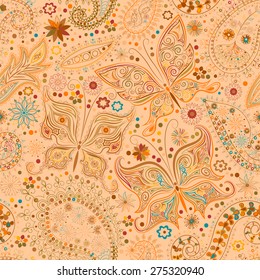 Vintage seamless floral motif background with butterflies. Abstract lace pattern. Hand drawing colorful wallpaper. EPS-8 vector texture.