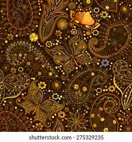 Vintage seamless floral motif background with butterflies. Abstract lace pattern. Hand drawing colorful wallpaper. EPS-8 vector texture.