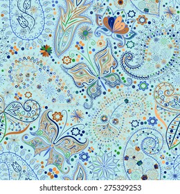 Vintage seamless floral motif background with butterflies. Abstract lace pattern. Hand drawing colorful wallpaper. EPS-8 vector texture.