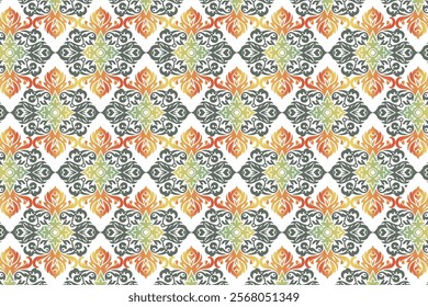 vintage seamless floral pattern with abstract botanical elements and ethnic ikat textures for textile, fabric, wallpaper, and fashion design ideas